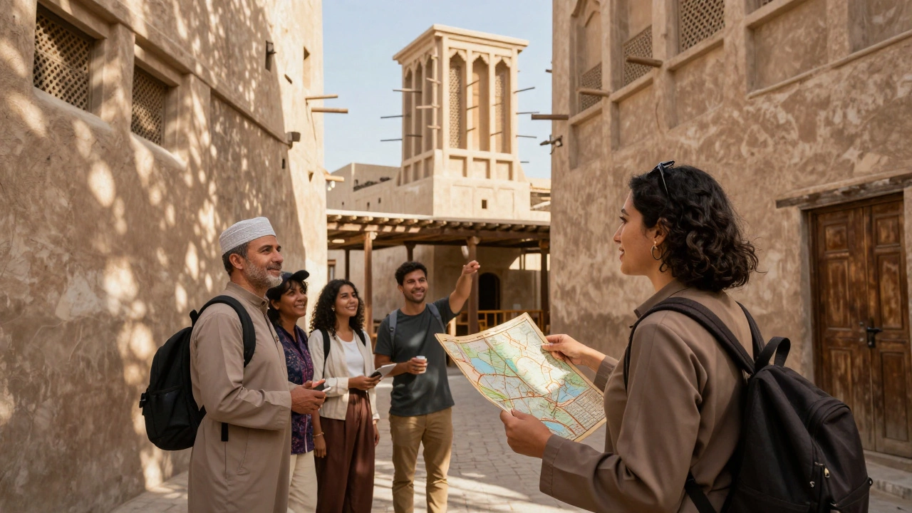 A knowledgeable guide showing tourists a hidden courtyard in Dubai&#039;s historic district.