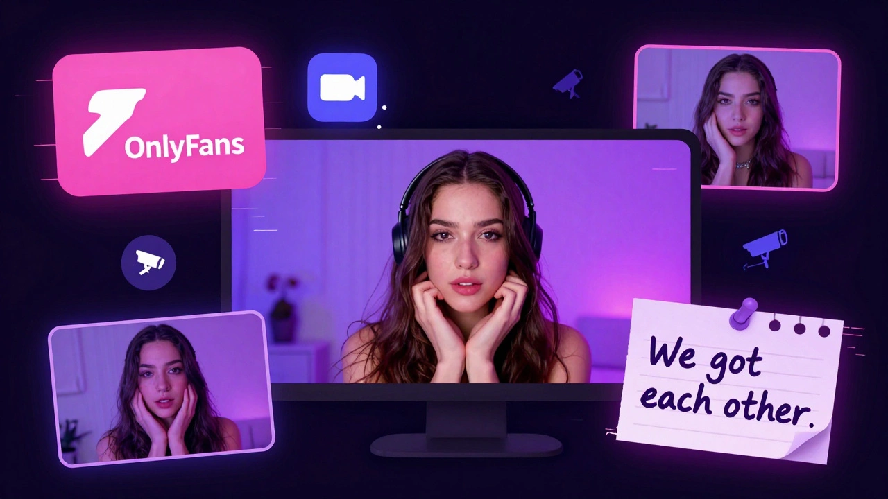 A webcam performer surrounded by digital icons representing online work and community support.