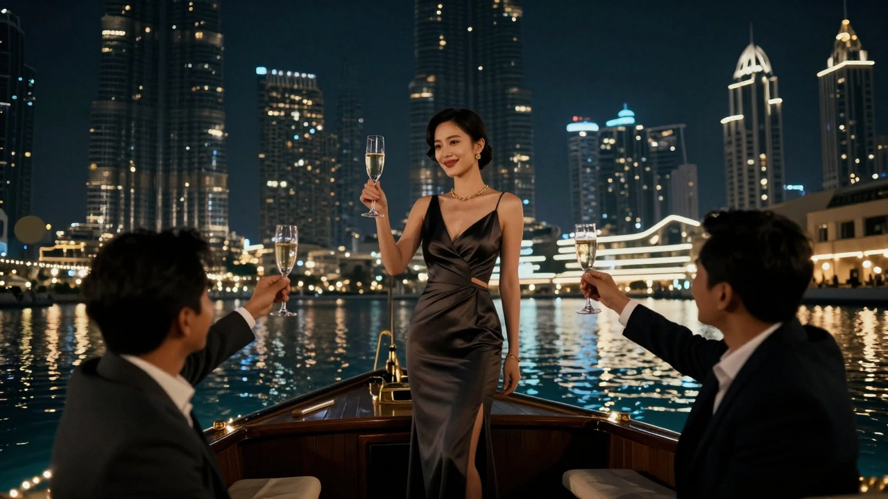 A woman and client celebrating on a private boat cruise with Dubai&#039;s skyline glowing behind them.