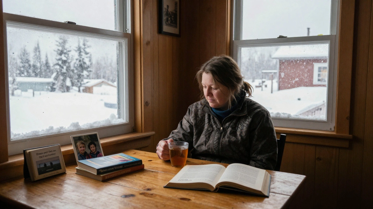 A woman in a quiet Alaskan apartment, tea beside her, snow outside, books open on the table.